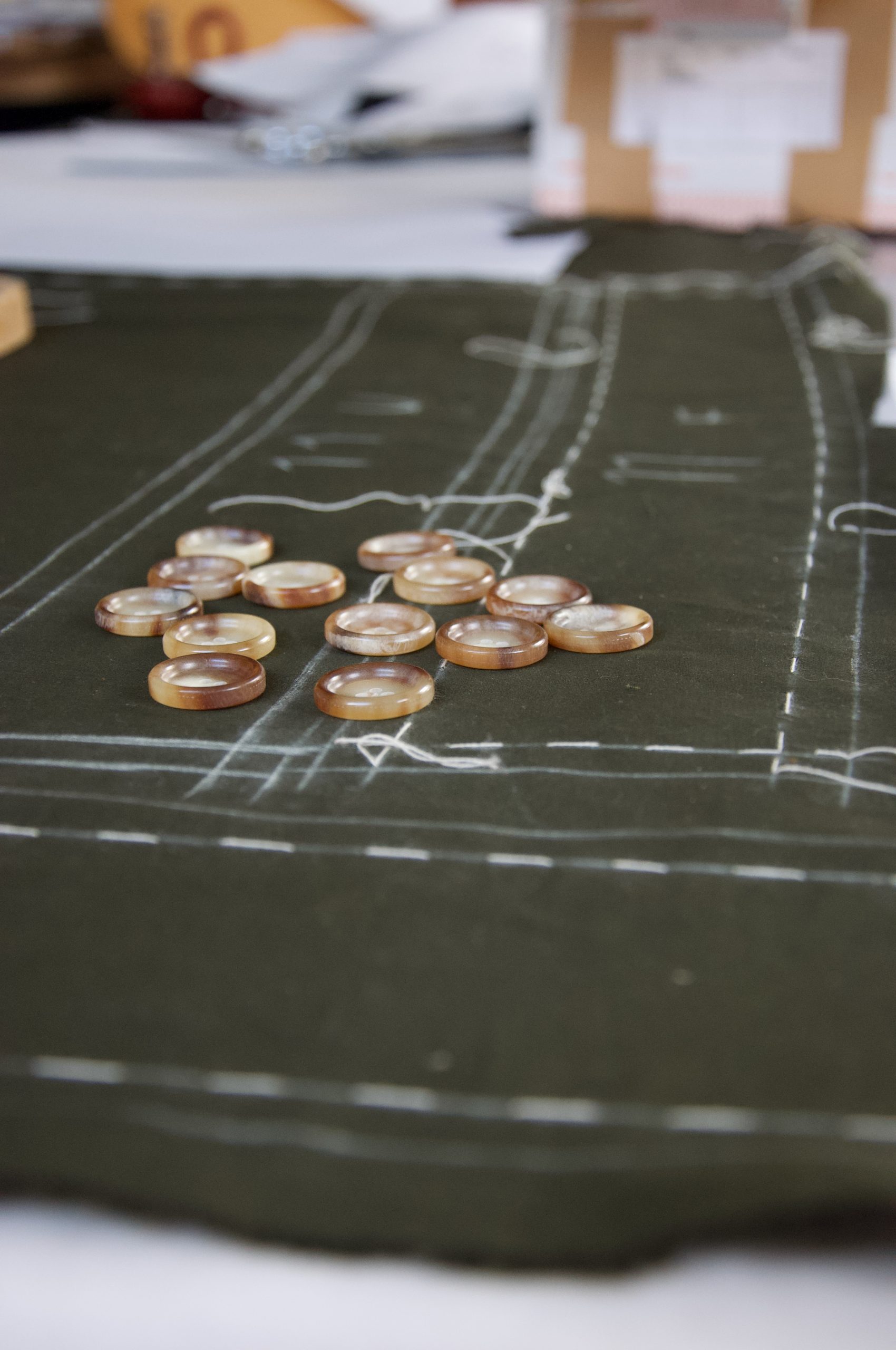 Olive green cotton fabric with real horn buttons